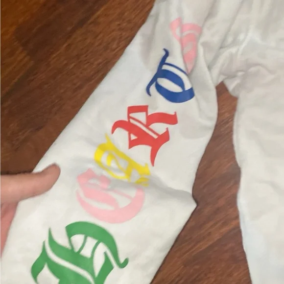 White Hoodie with Multicolor Sleeve Designs